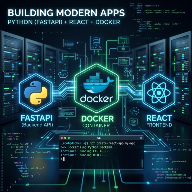 A sleek, modern technical blog post hero image showing a dynamic connection between Python (FastAPI), React, PostgreSQL, and Docker.